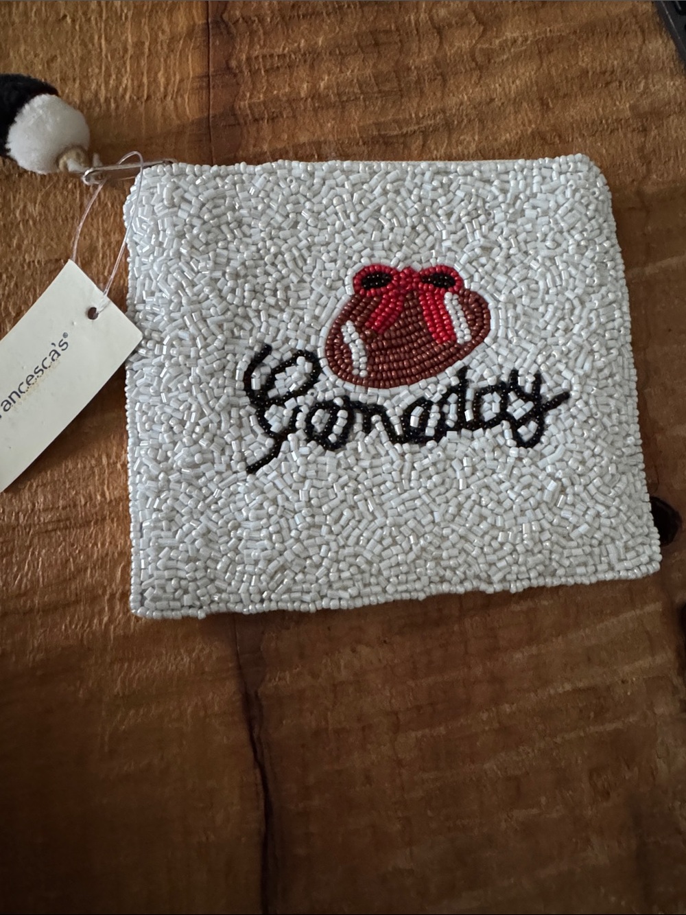 Francesca's Collections White Beaded Wallet with Red & Brown Football